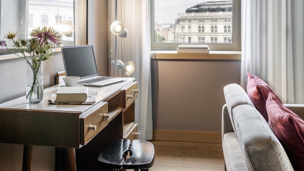 The Guesthouse Vienna  work desk and city view